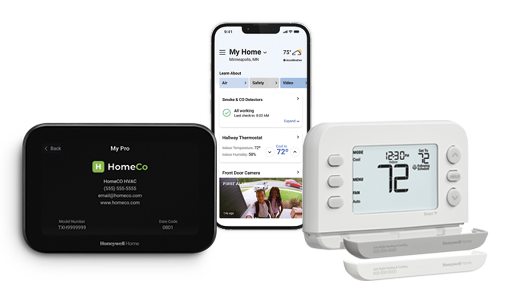 The First Alert app works with the Honeywell Home ElitePRO and FocusPRO thermostats.