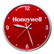 Red clock with white Honeywell logo